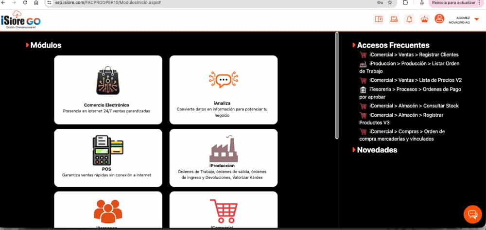 captura de pantalla de la vista de los modulos del ERP iSiore GO