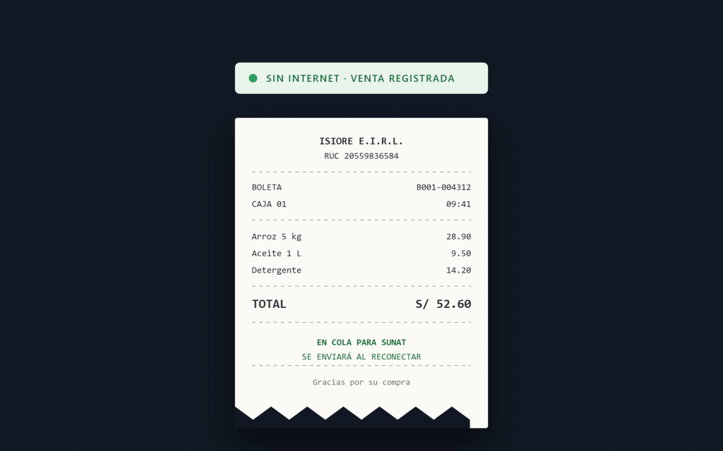 Boleta emitida sin conexion a internet por iSIORE GO POS, en cola para enviarse a SUNAT al reconectar